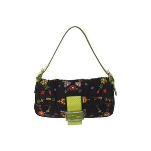 FENDI Beaded Mamma Bucket One Shoulder Hobo Bag Black Multicolored Green Logo